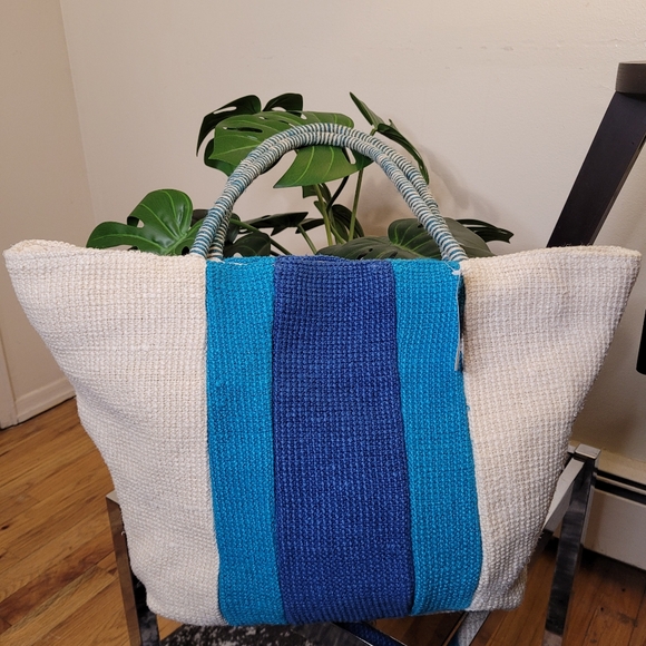 Mixit Handbags - MixIt Multicolor Jute & Cotton Large Tote Bag Blue and Cream Tote Bag